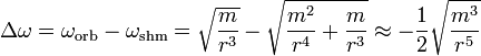  \Delta \omega = \omega_{\rm orb} - \omega_{\rm shm} = \sqrt{\frac{m}{r^3}} - \sqrt{\frac{m^2}{r^4} + \frac{m}{r^3}} \approx -\frac{1}{2} \sqrt{ \frac{m^3}{r^5}} 