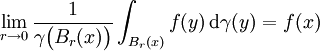 \lim_{r \to 0} \frac1{\gamma \big( B_{r} (x) \big)} \int_{B_{r} (x)} f(y) \, \mathrm{d} \gamma(y) = f(x)