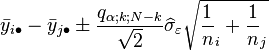 \bar{y}_{i\bullet}-\bar{y}_{j\bullet} \pm \frac{q_{\alpha;k;N-k}}{\sqrt{2}}\widehat{\sigma}_\varepsilon \sqrt{\frac{1}{n}_{i} + \frac{1}{n}_{j}} \qquad 