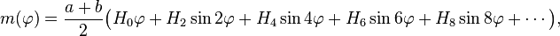 
m(\varphi)=\frac{a+b}2\bigl(H_0\varphi+H_2\sin 2\varphi+H_4\sin4\varphi+H_6\sin6\varphi+H_8\sin8\varphi+\cdots\bigr),
