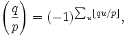 \left(\frac qp\right) = (-1)^{\sum_u \left \lfloor qu/p \right \rfloor},