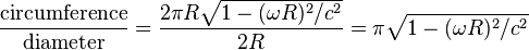 \frac{\mathrm{circumference}}{\mathrm{diameter}}=\frac{2\pi R \sqrt{1-(\omega R)^2/c^2}}{2R} = \pi \sqrt{1-(\omega R)^2/c^2}