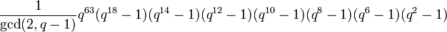 \frac{1}{\mathrm{gcd}(2,q-1)}q^{63}(q^{18}-1)(q^{14}-1)(q^{12}-1)(q^{10}-1)(q^8-1)(q^6-1)(q^2-1)