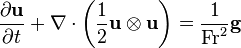 
{\partial \bold u \over \partial t} + \nabla \cdot \left(\frac 1 2 \mathbf u \otimes \mathbf u \right) = \frac 1 {\mathrm{Fr}^2} \mathbf g
