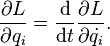 
{\partial{L}\over \partial q_i} = {\mathrm{d} \over \mathrm{d}t}{\partial{L}\over \partial{\dot{q_i}}}.
