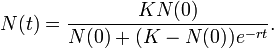 
N(t) = \frac{K N(0)}{N(0) + (K - N(0)) e^{-rt}}.
