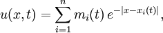 
u(x,t) = \sum_{i=1}^n m_i(t) \, e^{-|x-x_i(t)|},
