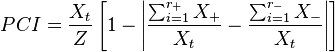  PCI = \frac{ X_t }{ Z } \left[ 1 - \left| \frac{ \sum_{ i = 1 }^{ r_+ } X_+ }{ X_t } - \frac{ \sum _{ i = 1 }^{ r_- } X_-} { X_t } \right| \right] 