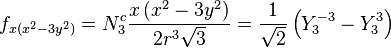 f_{x(x^2-3y^2)} = N_3^c \frac{x \left( x^2 - 3 y^2 \right)}{2 r^3 \sqrt{3}} = \frac{1}{\sqrt{2}}\left(Y_3^{-3}-Y_3^3\right)