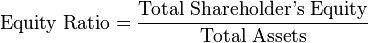 \mbox{Equity Ratio} = \frac{\mbox{Total Shareholder's Equity}}{\mbox{Total Assets}}