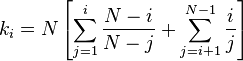 k_i = N \left[ \sum_{j=1}^{i} \frac{N-i}{N-j} + \sum_{j=i+1}^{N-1} \frac{i}{j} \right]