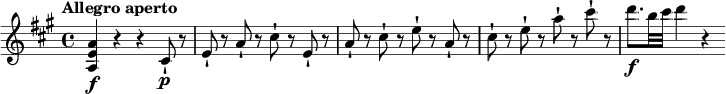 
\relative c'' {
  \key a \major
  \tempo "Allegro aperto"
  <a e a,>4\f r r cis,8-|\p r | e-| r a-| r cis-| r e,-| r | a-| r cis-| r e-| r a,-| r | cis-| r e-| r a-| r cis-| r | d8.\f b32 cis d4 r
}
