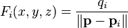 F_i(x,y,z)=\frac{q_i}{\|\mathbf p -\mathbf p_i\|}