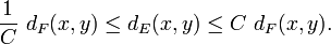  {1\over C} \ d_F(x,y) \leq d_{E}(x,y) \leq C \ d_F(x,y). 