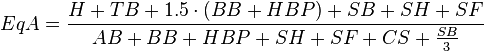 EqA = \frac{H+TB+{1.5 \cdot (BB+HBP)}+SB+SH+SF}{AB+BB+HBP+SH+SF+CS+\frac{SB}{3}}