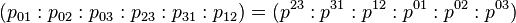 
(p_{01}:p_{02}:p_{03}:p_{23}:p_{31}:p_{12})=
(p^{23}:p^{31}:p^{12}:p^{01}:p^{02}:p^{03})
