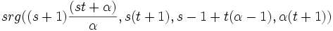 srg((s+1)\frac{(s t+\alpha)}{\alpha},s(t+1),s-1+t(\alpha-1),\alpha(t+1))