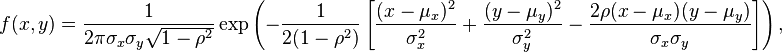 
    f(x,y) =
      \frac{1}{2 \pi  \sigma_x \sigma_y \sqrt{1-\rho^2}}
      \exp\left(
        -\frac{1}{2(1-\rho^2)}\left[
          \frac{(x-\mu_x)^2}{\sigma_x^2} +
          \frac{(y-\mu_y)^2}{\sigma_y^2} -
          \frac{2\rho(x-\mu_x)(y-\mu_y)}{\sigma_x \sigma_y}
        \right]
      \right),
  