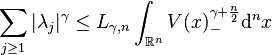 
\sum_{j\ge1}|\lambda_j|^\gamma\le L_{\gamma,n}\int_{\R^n}V(x)_-^{\gamma+\frac n2}\mathrm{d}^n x
