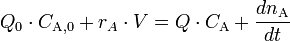  Q_0\cdot C_{\mathrm{A},0} + r_A\cdot V = Q\cdot C_{\mathrm{A}} + \frac{dn_{\mathrm{A}}}{dt} 