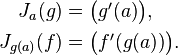 \begin{align}
J_a(g) &= \begin{pmatrix} g'(a) \end{pmatrix}, \\
J_{g(a)}(f) &= \begin{pmatrix} f'(g(a)) \end{pmatrix}.
\end{align}