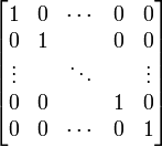 \begin{bmatrix}

1 & 0 & \cdots & 0 & 0 \\
0 & 1 &        & 0 & 0 \\
\vdots & & \ddots & & \vdots \\
0 & 0 & & 1 & 0 \\
0 & 0 & \cdots & 0 & 1

\end{bmatrix}