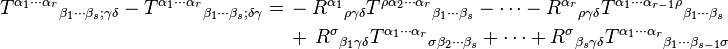  \begin{align}
T^{\alpha_1 \cdots \alpha_r}{}_{\beta_1 \cdots \beta_s ; \gamma \delta} - T^{\alpha_1 \cdots \alpha_r}{}_{\beta_1 \cdots \beta_s ; \delta \gamma} = \, & - R^{\alpha_1}{}_{\rho \gamma \delta} T^{\rho \alpha_2 \cdots \alpha_r}{}_{\beta_1 \cdots \beta_s} - \cdots - R^{\alpha_r}{}_{\rho \gamma \delta} T^{\alpha_1 \cdots \alpha_{r-1} \rho}{}_{\beta_1 \cdots \beta_s} \\
& + \, R^\sigma{}_{\beta_1 \gamma \delta} T^{\alpha_1 \cdots \alpha_r}{}_{\sigma \beta_2 \cdots \beta_s} + \cdots + R^\sigma{}_{\beta_s \gamma \delta} T^{\alpha_1 \cdots \alpha_r}{}_{\beta_1 \cdots \beta_{s-1} \sigma} \,
\end{align}