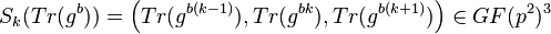 S_k(Tr(g^b))=\left(Tr(g^{b(k-1)}),Tr(g^{bk}),Tr(g^{b(k+1)})\right)\in GF(p^2)^3