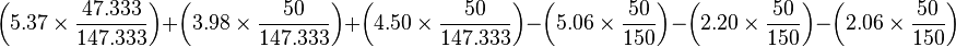 \left(5.37\times\frac{\mbox{47.333}}{\mbox{147.333}}\right) + \left(3.98\times\frac{\mbox{50}}{\mbox{147.333}}\right) + \left(4.50\times\frac{\mbox{50}}{\mbox{147.333}}\right) - \left(5.06\times\frac{\mbox{50}}{\mbox{150}}\right) - \left(2.20\times\frac{\mbox{50}}{\mbox{150}}\right) - \left(2.06\times\frac{\mbox{50}}{\mbox{150}}\right)