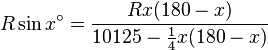  R \sin x^\circ = \frac{R x(180-x)}{10125 - \frac{1}{4}x(180-x)}