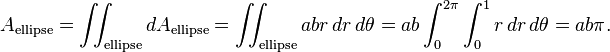 A_\text{ellipse} = \iint_\text{ellipse} dA_\text{ellipse} = \iint_\text{ellipse} abr\,dr\,d\theta = ab \int_{0}^{2\pi} \int_{0}^{1}r\,dr\,d\theta = ab\pi.