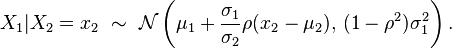 X_1|X_2=x_2 \ \sim\ \mathcal{N}\left(\mu_1+\frac{\sigma_1}{\sigma_2}\rho( x_2 - \mu_2),\, (1-\rho^2)\sigma_1^2\right). 