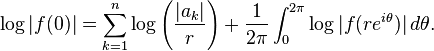 \log |f(0)| = \sum_{k=1}^n \log \left( \frac{|a_k|}{r}\right) + \frac{1}{2\pi} \int_0^{2\pi} \log|f(re^{i\theta})| \, d\theta.