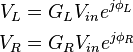 \begin{align}
  V_L &= G_{L}V_{in} e^{j \phi_L}\\
  V_R &= G_{R}V_{in}e^{j \phi_R}
\end{align}