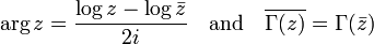 \arg z = \frac{\log z - \log\bar z}{2i}\quad\text{and}\quad\overline{\Gamma(z)}=\Gamma(\bar z)