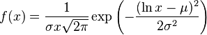 f(x) = \frac{1}{\sigma x \sqrt{2\pi}} \exp\left(-\frac{(\ln x - \mu)^2}{2\sigma^2}\right)