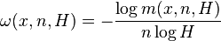 \omega(x, n, H) = - \frac{\log m(x, n, H)}{n\log H}