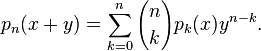 p_n(x+y) = \sum_{k=0}^n {n \choose k} p_k(x) y^{n-k}.