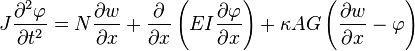 
J \frac{\partial^{2}\varphi}{\partial t^{2}} = N\frac{\partial w}{\partial x} + \frac{\partial}{\partial x}\left(EI\frac{\partial \varphi}{\partial x}\right)+\kappa AG\left(\frac{\partial w}{\partial x}-\varphi\right)
