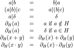 
\begin{matrix}
a \vert b &=& b \vert a\\
(a \vert b) \vert c &=& a \vert (b \vert c)\\
a \vert \delta &=& \delta\\
\partial_H(a) &=& a \mbox{ if } a \notin H\\
\partial_H(a) &=& \delta \mbox{ if } a \in H\\
\partial_H(x + y) &=& \partial_H(x) + \partial_H(y)\\
\partial_H(x \cdot y) &=& \partial_H(x) \cdot \partial_H(y)\\
\end{matrix}
