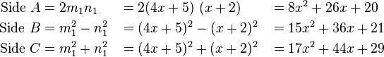 \begin{align}
   \text{Side }A & =2m_1 n_1 & & = 2(4x+5)\text{ }(x+2) & & = 8x^2+26x+20  \\
   \text{Side }B & =m_1^2-n_1^2 & & = (4x+5)^2-(x+2)^2 & & = 15x^2+36x+21  \\
   \text{Side }C & =m_1^2+n_1^2 & & = (4x+5)^2+(x+2)^2 & & = 17x^2+44x+29
\end{align}