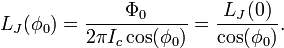 
  L_J(\phi_0) = \frac{\Phi_0}{2\pi I_c \cos(\phi_0)}
  = \frac{L_J(0)}{\cos(\phi_0)}.
