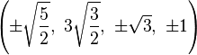 \left(\pm\sqrt{\frac{5}{2}},\ 3\sqrt{\frac{3}{2}},\ \pm\sqrt{3},\ \pm1\right)
