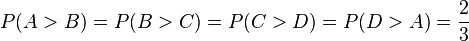P(A>B) = P(B>C) = P(C>D) = P(D>A) = {2 \over 3}