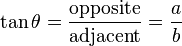  \tan \theta = \frac {\mathrm{opposite}}{\mathrm{adjacent}} = \frac {a}{b}