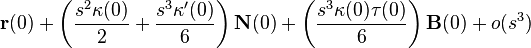 \mathbf r(0) + \left(\frac{s^2\kappa(0)}{2}+\frac{s^3\kappa'(0)}{6}\right)\mathbf N(0) + \left(\frac{s^3\kappa(0)\tau(0)}{6}\right)\mathbf B(0)+ o(s^3)