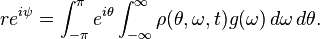  
r e^{i \psi} = \int_{-\pi}^{\pi} e^{i \theta} \int_{-\infty}^{\infty} \rho(\theta, \omega, t) g(\omega) \, d \omega \, d \theta.
