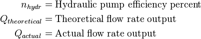 
\begin{align}
n_{hydr} &= \text {Hydraulic pump efficiency percent} \\
Q_{theoretical} &= \text {Theoretical flow rate output} \\
Q_{actual} &= \text {Actual flow rate output} \\
\end{align}
