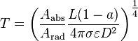 T = \left (\frac{A_{\rm abs}}{A_{\rm rad}} \frac{L (1-a)}{4 \pi \sigma \varepsilon D^2} \right )^{\tfrac{1}{4}}