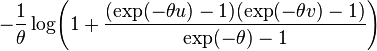 -\frac{1}{\theta} \log\!\left( 1+\frac{(\exp(-\theta u)-1)(\exp(-\theta v)-1)}{\exp(-\theta)-1} \right)